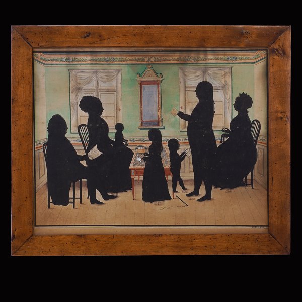 Silhuetbillede visende familie med børn. Akvarel. Signeret "Bruun 1832". Lysmål: 34x44cm. Med ramme: 42x52cm