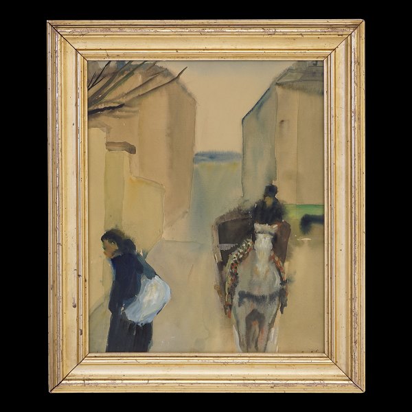 Carl Fischer, 1887-1962, akvarel: Byparti med personer. Signeret. Lysmål: 36x29cm. Med ramme: 46x39cm
