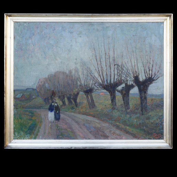 Peter Holm, Denmark, 1884-1966, oil on canvas: Landscape with persons. Signed. Visible size: 96x118cm. With frame: 110x132cm