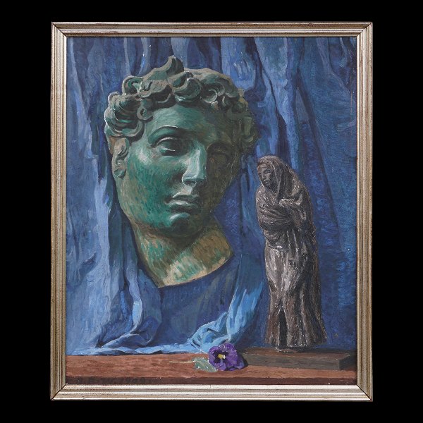 Jan Bjørn Willumsen, 1891-1964: Opstilling med buste, figur og blomst. Signeret og dateret 1909. Lysmål: 62x50cm. Med ramme: 67x55cm
