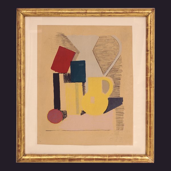 Vilhelm Lundstrøm, 1893-1950, litografi i farver: Komposition med kander og vaser. Signeret. Lysmål: 68x80cm. Med ramme: 78x90cm