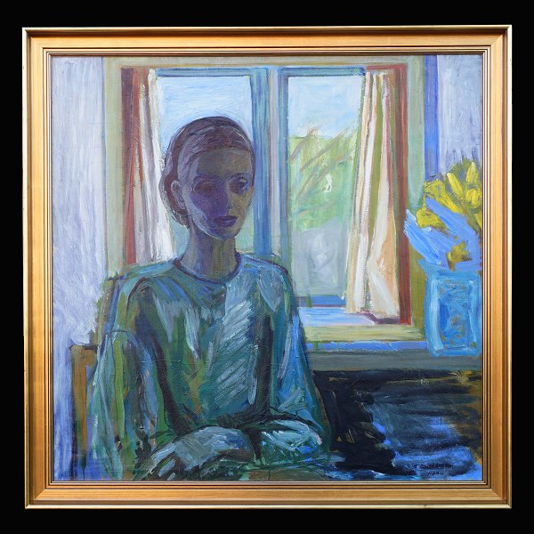 Paul Høm, Denmark, 1905-94: A portrait of his first wife Kirsten. Oil on canvas. Late 1930es. Visible size: 98x98cm. With frame: 110x110cm