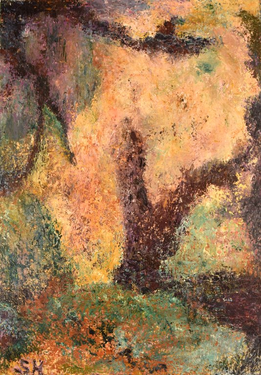 Sonja Henningsen, Danish artist. Oil on board. Abstract modernist composition. Dated 1978.