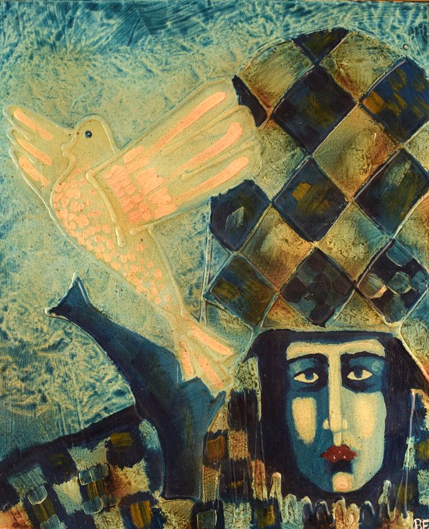 Bernard Fouilloux, fransk kunstner. Olie på lærred. "Arlequin". Motiv af harlekin og due. Dateret 1973.