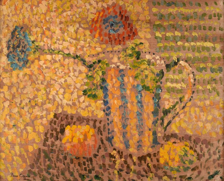 Pierre Chowee. Unknown artist. Oil on board. Still life with flowers in jug in pointilistic style. 1960
