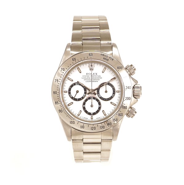 Rolex Daytona Zenith stål ref. 16520. Årgang 1998. D: 40mm. Leveres med box og certifikat plus div. tilbehør. U-serie