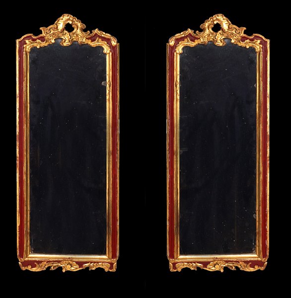 A pair of mid 18th century Rococo partly gilt mirrors. Circa 1760. Size: 75x29,5cm