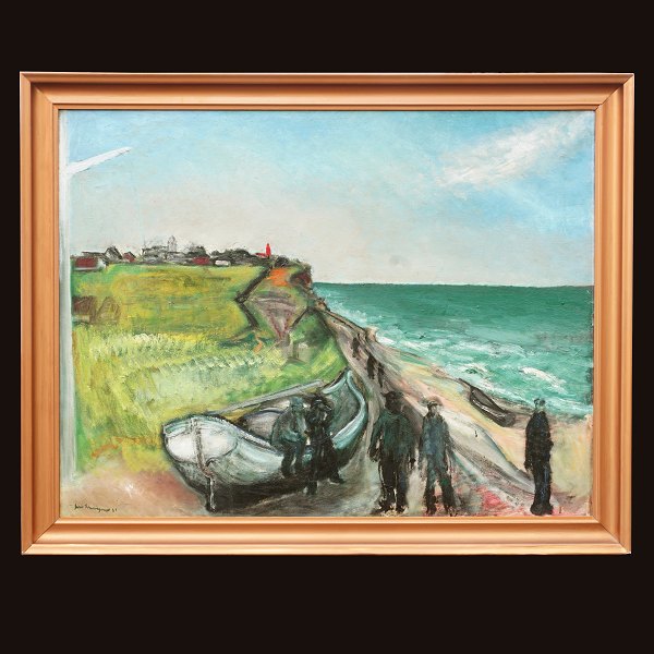 Jens Søndergaard, 1895-1957, oil on canvas. "The beach at Bovbjerg". Signed and dated 1929. Visible size: 76x99cm. With frame: 89x112cm