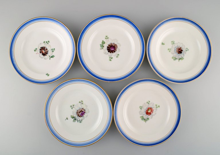 Fem antikke Royal Copenhagen tallerkener i håndmalet porcelæn med blomster og blå kant med guld. Modelnummer 592/9052. Sent 1800-tallet. 