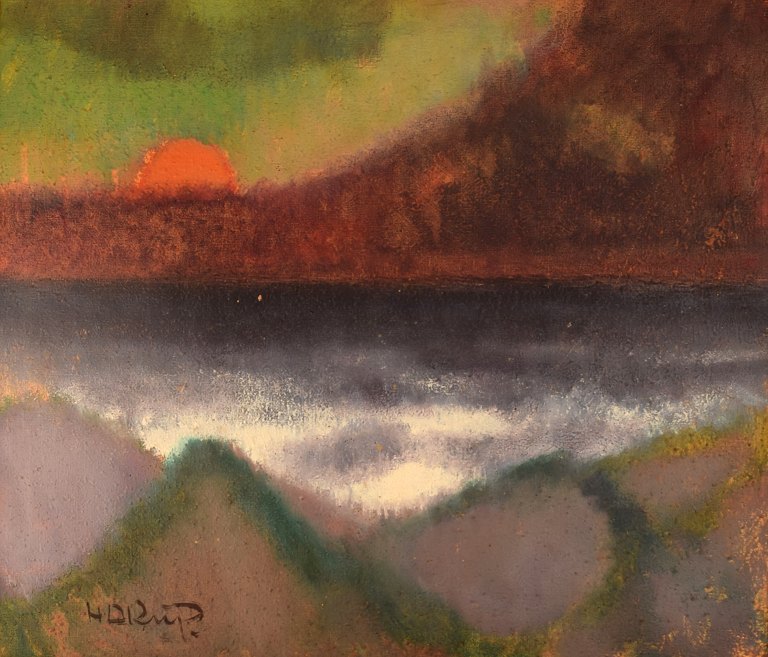 Knud Horup (1926-1973), Denmark. Oil on canvas. Modernist landscape with sunset. 1960s.