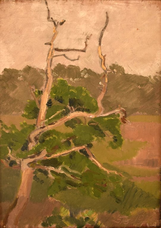 J.S. Tojstov, Russia. Oil on canvas. Landscape with treetop. Dated 1929.