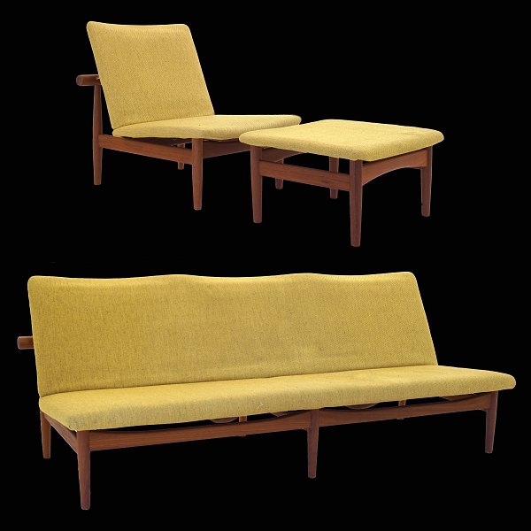 Finn Juhl: Japan sofa og loungestol med skammel. Originalt betræk. Fremstillet af France and Daverkosen med etiket herfra