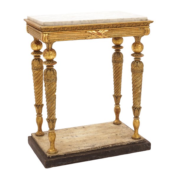 A late 18th century Gustavian gilt console table with marble top. Sweden circa 1780-1800. H: 82cm. Top: 38x66cm