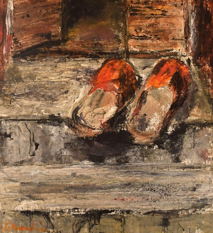 Hanna Brundin (1914-2000), Sweden. Oil on canvas. Slippers on a staircase. Modernist. 1970s.