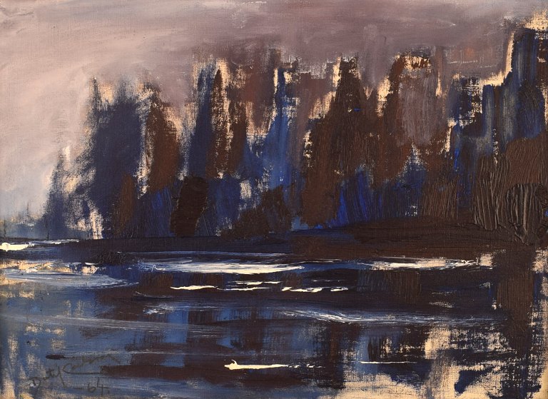 Bertil Carlsson, Sweden. Modernist landscape. Oil on board. Dated 1964.