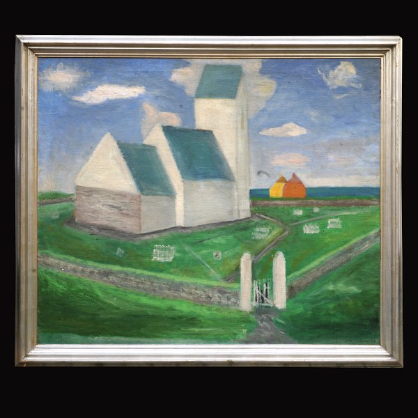 Jens Søndergaard, 1895-1957, olie på lærred. Motiv i form af Ferring Kirke i baggrunden huse og vand. Signeret og dateret 1943. Lysmål: 126x137cm. Med ramme: 133x154cm