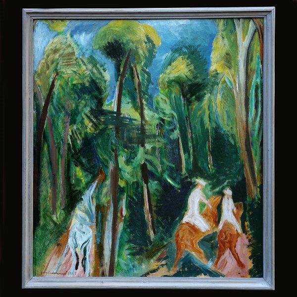 Jens Søndergaard, 1895-1957, olie på lærred: "Skovbillede". Signeret og dateret 1924. Lysmål: 97x110cm. Med ramme: 106x119cm