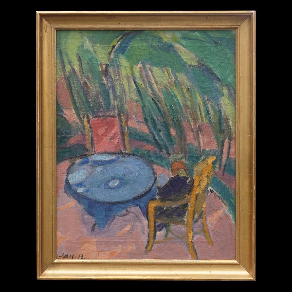 Jais Nielsen maleri. Jais Nielsen, 1885-1961, olie på lærred. Læsende kvinde ved bord i park. Signeret "Jais 13". Lysmål: 47x36cm. Med ramme: 55x44cm