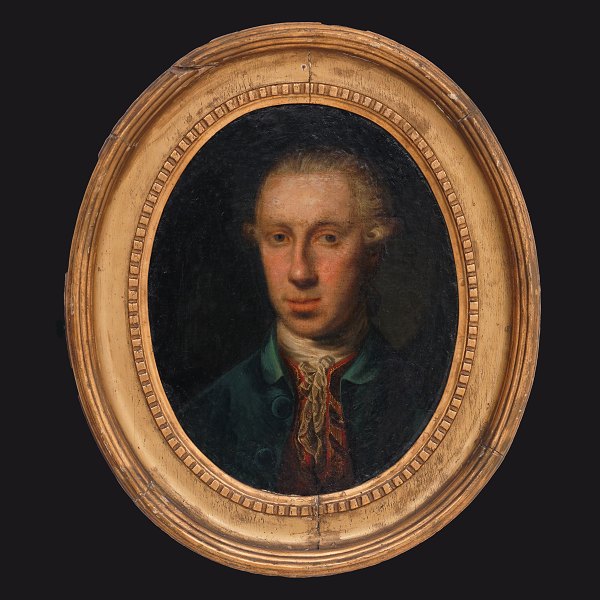 Ovalt adelsportræt i forgyldt ramme. Olie på lærred. Danmark anden halvdel af 1700-tallet. Lysmål: 47x37cm. Med ramme: 66x56cm