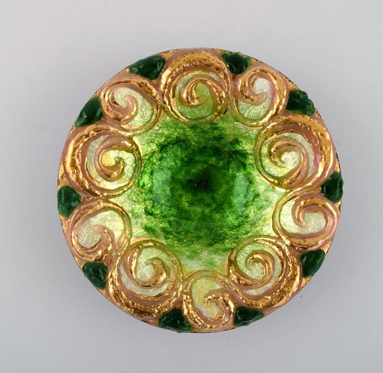 Duban Christel for Limoges. Unique bronze bowl with enamel work in gold and green shades. 1940s.