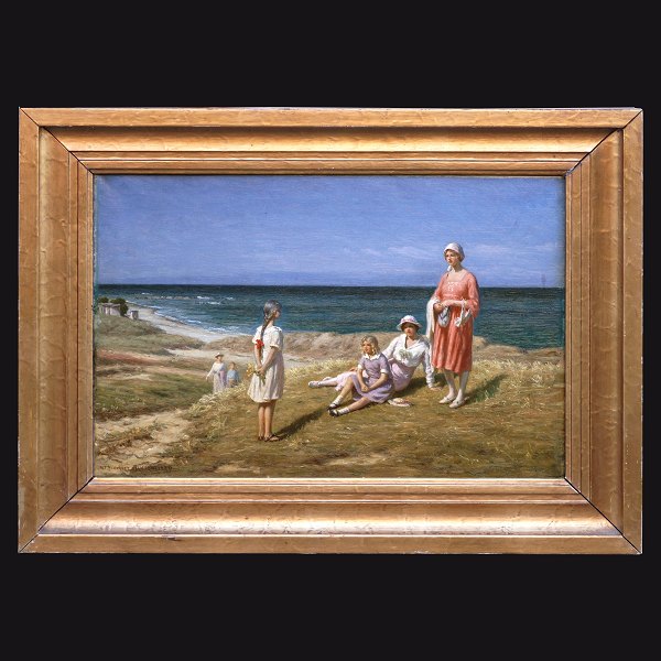 N. F. Schiøttz-Jensen, 1855-1941, olie på lærred. Parti fra Lønstrup Strand med badehuse i baggrunden. Signeret og dateret 1920. Lysmål: 37x55cm. Med ramme: 54x72cm