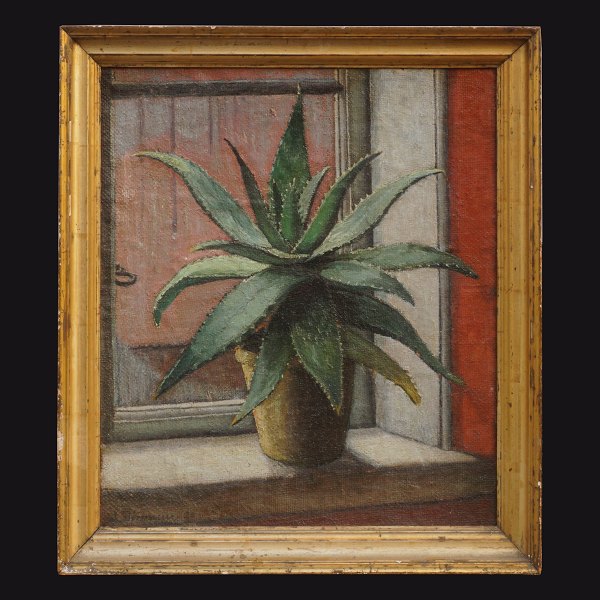 Lauritz Jørgensen, 1888-1953, olie på plade: Stilleben med kaktus. Signeret og dateret 1920. Udstillet 1920. Lysmål: 47x42cm. Med ramme: 55x50cm