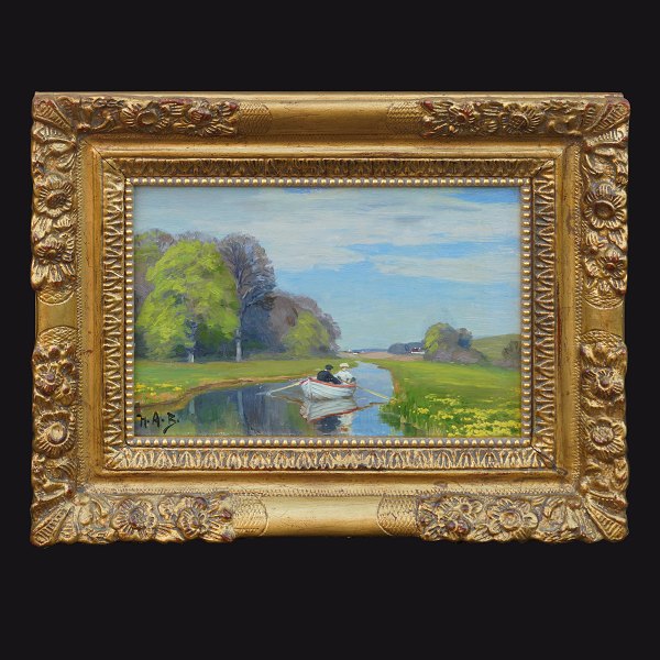 H. A. Brendekilde maleri, 1857-1942, olie på lærred. Parti fra Odense Å ca. år 1920. Lysmål: 17,5x25,5cm. Med ramme: 30x38cm
