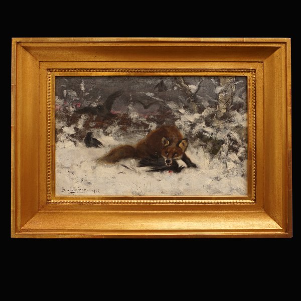 Bruno Liljefors maleri. Bruno Liljefors, 1860-1939, olie på lærred. Ræv i snelandskab med krager. Signeret og dateret 1881. Lysmål: 23x36cm. Med ramme: 37x50cm