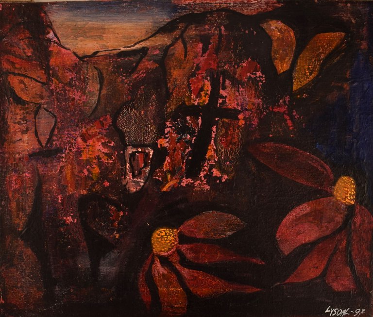 Ivy Lysdal, b 1937. Danish ceramist and painter. Acrylic on canvas. Abstract modernist painting. Colorful palette. Dated 1997.
