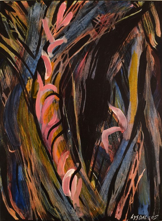 Ivy Lysdal, f 1937. Dansk keramiker og kunstmaler. Akryl på lærred. Abstrakt modernistisk maleri. Koloristisk palette. Dateret 2005.