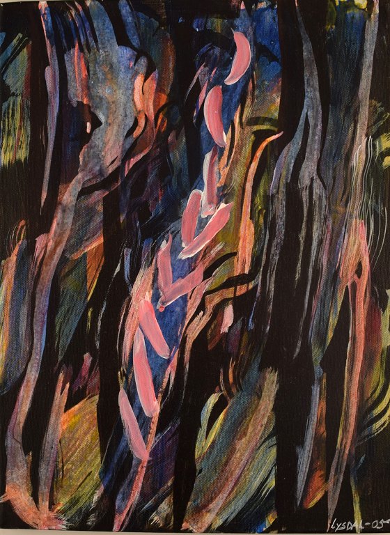 Ivy Lysdal, f 1937. Dansk keramiker og kunstmaler. Akryl på lærred. Abstrakt modernistisk maleri. Koloristisk palette. Dateret 2005.