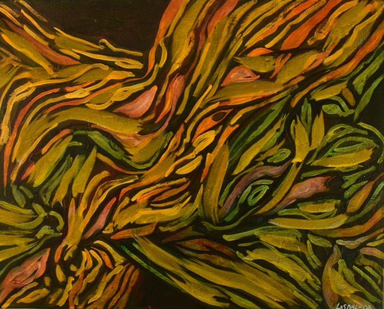Ivy Lysdal, f 1937. Dansk keramiker og kunstmaler. Akryl på lærred. Abstrakt modernistisk maleri. Koloristisk palette. Dateret 2003.