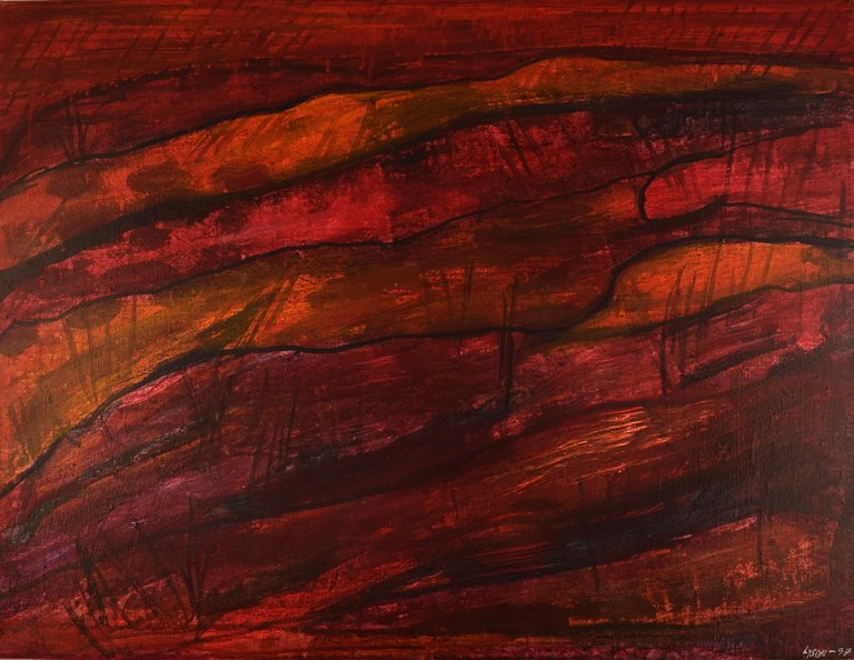 Ivy Lysdal, b 1937. Danish ceramist and painter. Acrylic on canvas. Abstract modernist painting. Colorful palette. Dated 1997.