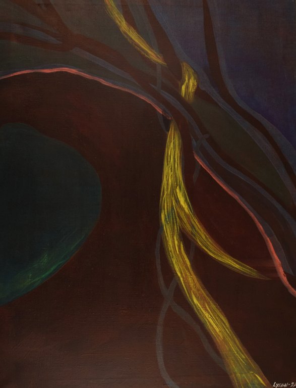 Ivy Lysdal, f 1937. Dansk keramiker og kunstmaler. Akryl på lærred. Abstrakt modernistisk maleri. Koloristisk palette. Dateret 1997.