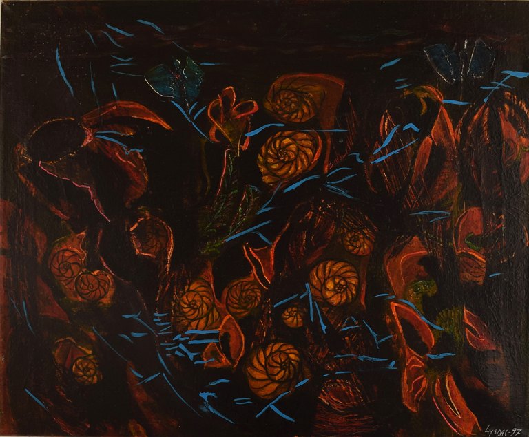 Ivy Lysdal, f 1937. Dansk keramiker og kunstmaler. Akryl på lærred. Abstrakt modernistisk maleri. Koloristisk palette. Dateret 1997.