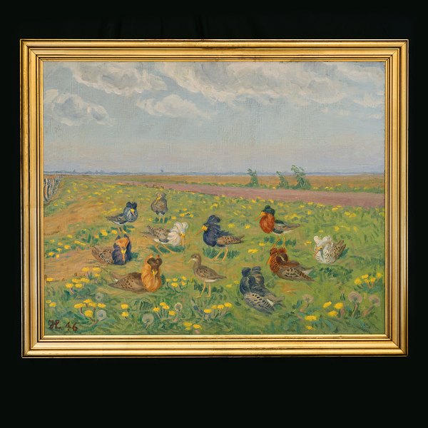 Johannes Larsen maleri. Johannes Larsen, 1867-1961, olie på lærred. Signeret og dateret 1946. Ligeledes signeret på blændramme. Lysmål: 57x70cm. Med ramme: 67x80cm