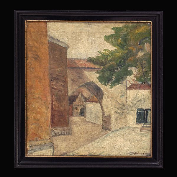 Jens Søndergaard maleri. Jens Søndergaard, 1895-1957, olie på lærred. Den gamle bue mellem Bispegaarden og domkirken i Roskilde. Signeret og dateret 1918. Lysmål:41x37cm. Med ramme: 48x44cm