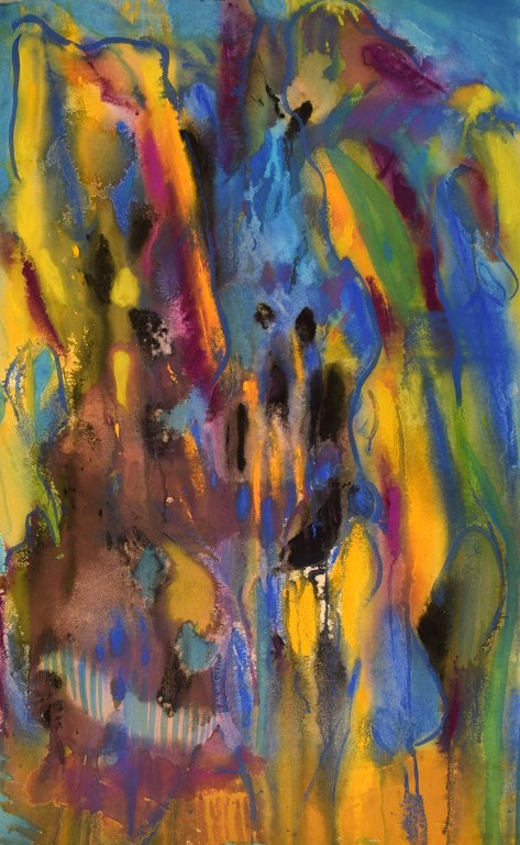 Ivy Lysdal, b 1937. Danish ceramist and painter. Gouache on cardboard. Abstract modernist painting. Colorful palette. Late 20th century.