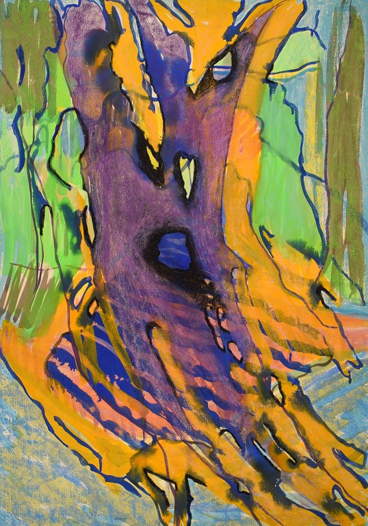 Ivy Lysdal, f 1937. Dansk keramiker og kunstmaler. Gouache og oliekridt på karton. Abstrakt modernistisk maleri. Koloristisk palette. Dateret 1991.