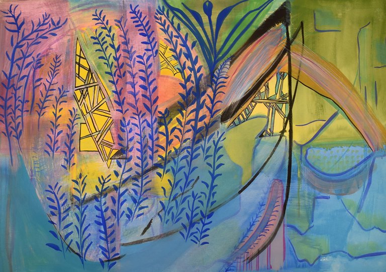 Ivy Lysdal, b 1937. Danish ceramist and painter. Gouache on cardboard. Abstract modernist painting. Colorful palette. Late 20th century.