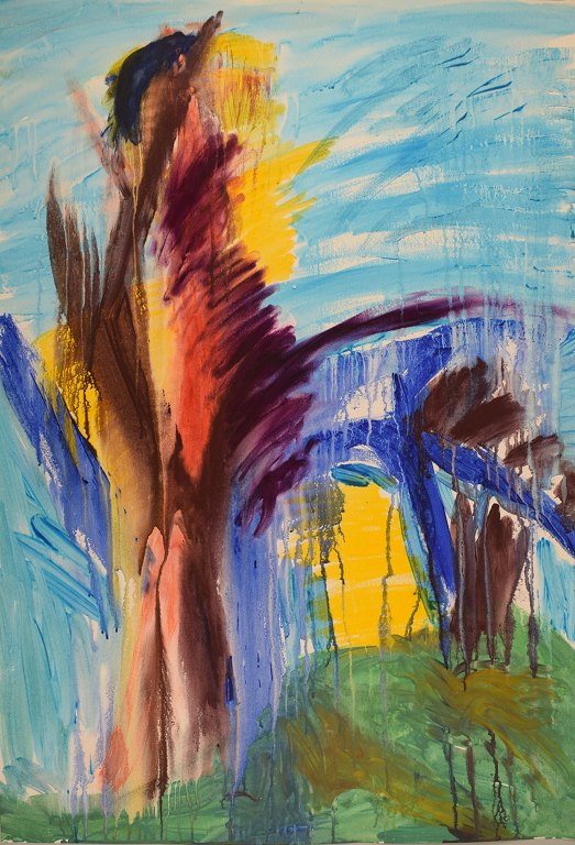 Ivy Lysdal, f 1937. Dansk keramiker og kunstmaler. Gouache på karton. Abstrakt modernistisk maleri. Koloristisk palette. Sent 1900-tallet.