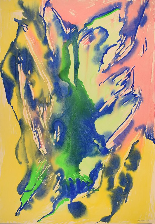 Ivy Lysdal, f 1937. Dansk keramiker og kunstmaler. Gouache og oliekridt på karton. Abstrakt modernistisk maleri. Koloristisk palette. Dateret 1991.
