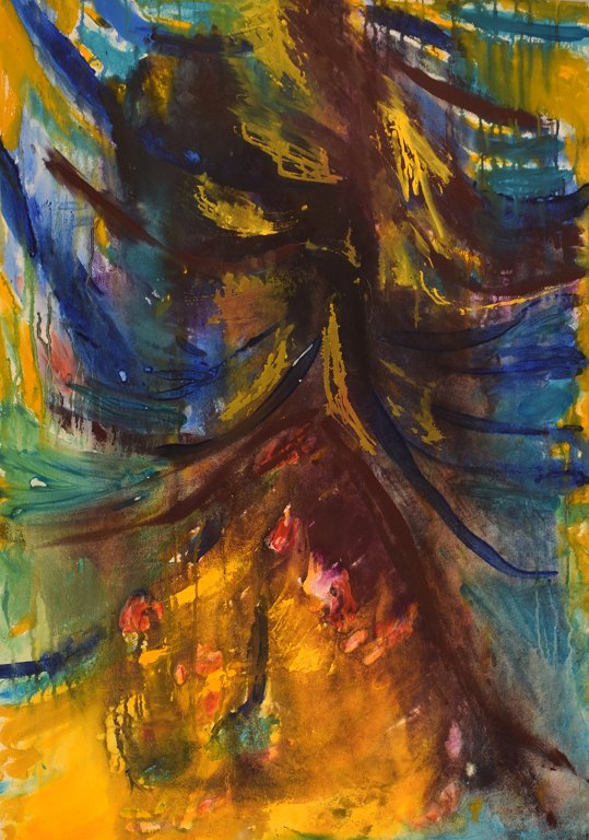 Ivy Lysdal, b 1937. Danish ceramist and painter. Gouache on cardboard. Abstract modernist painting. Colorful palette. Late 20th century.
