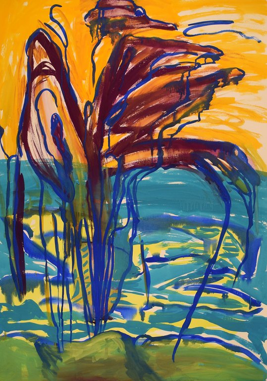 Ivy Lysdal, f 1937. Dansk keramiker og kunstmaler. Gouache på karton. Abstrakt modernistisk maleri. Koloristisk palette. Sent 1900-tallet.