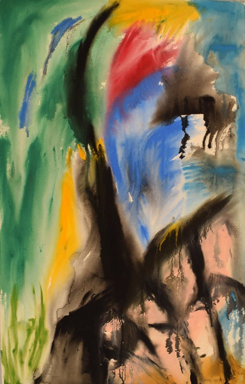 Ivy Lysdal, f 1937. Dansk keramiker og kunstmaler. Gouache på karton. Abstrakt modernistisk maleri. Koloristisk palette. Dateret 1992.