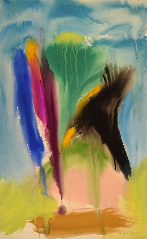 Ivy Lysdal, b 1937. Danish ceramist and painter. Gouache on cardboard. Abstract modernist painting. Colorful palette. Dated 1992.