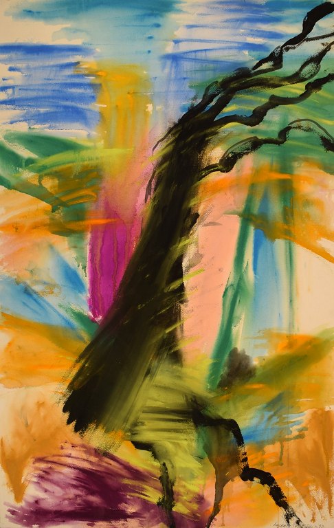 Ivy Lysdal, b 1937. Danish ceramist and painter. Gouache on cardboard. Abstract modernist painting. Colorful palette. Dated 1992.