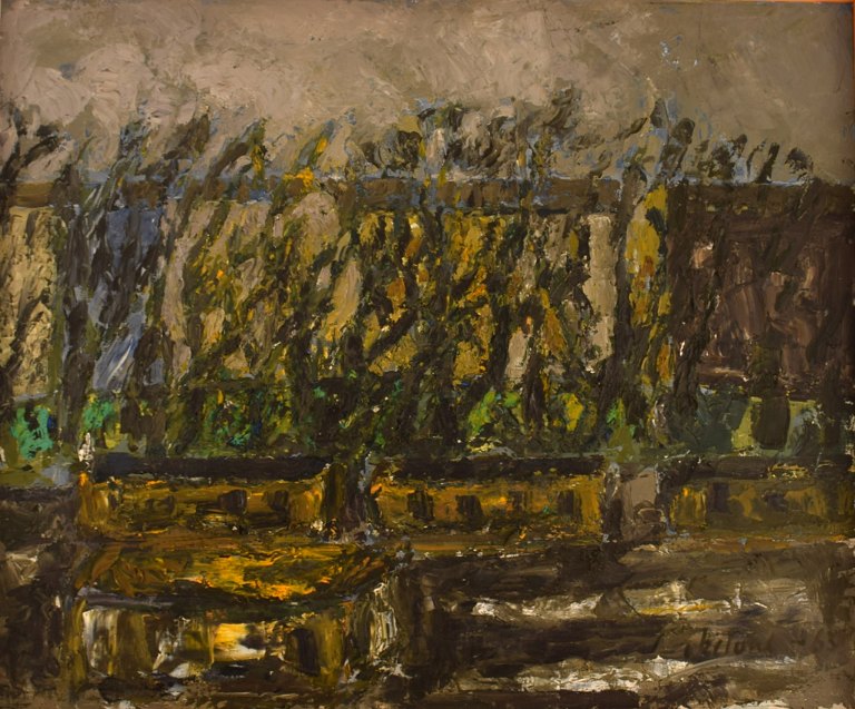 Poul Ekelund (1921-1976), Denmark. Oil on canvas. Modernist landscape with yellow houses. Dated 1965.