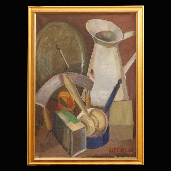 Henry Heerup maleri. Henry Heerup, 1907-93: Opstilling. Olie på lærred. Signeret.Sandsynligvis fra 1940erne med inspiration fra Vilhelm Lundstrøm. Lysmål: 105x76cm. Med ramme: 116x81cm