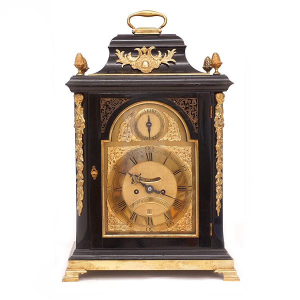 A large black laquered Geroge III bracket clock by William Clarke, London, circa 1760. H: 58cm. W: 38cm. D: 24cm